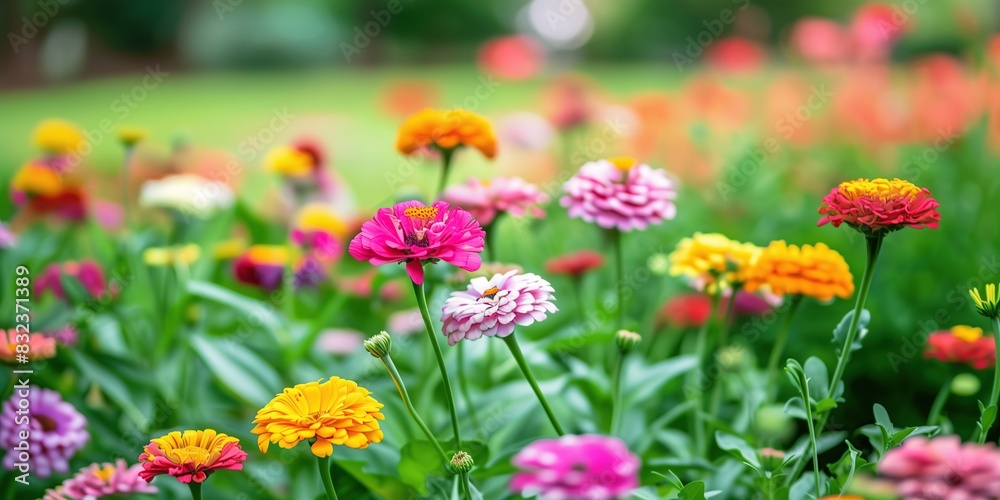 wide-angle view of different colored flowers in a wide field wide-angle view of different colored flowers in a wide field
