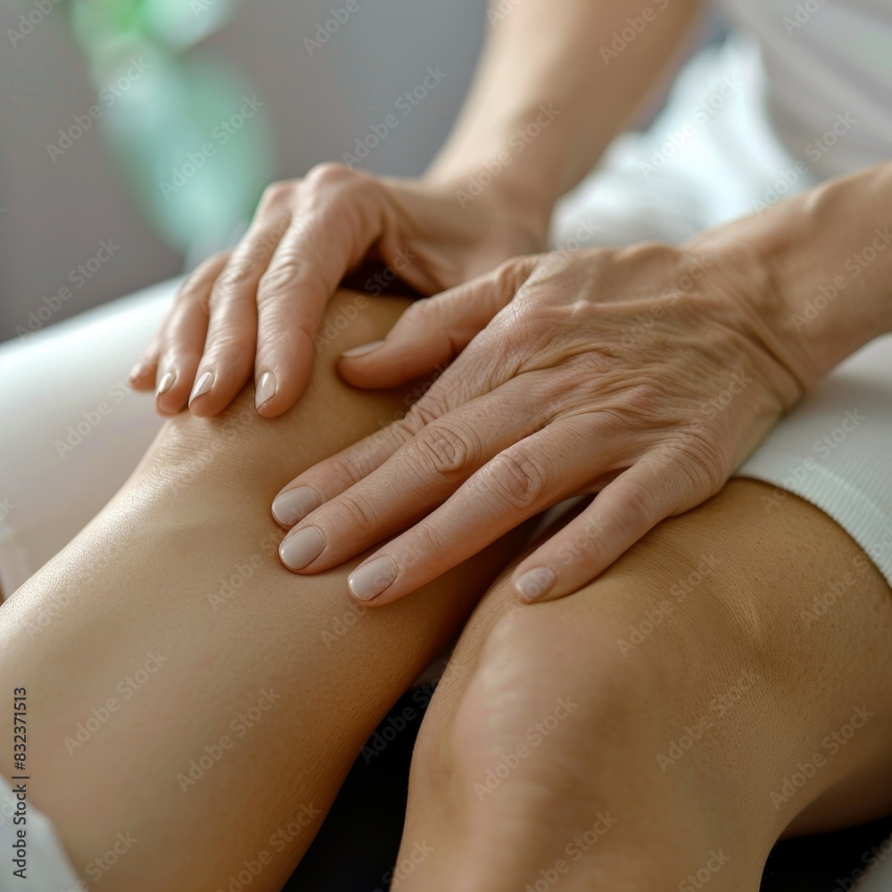 Close-up of a person receiving a relaxing massage on their knee. Therapeutic touch for pain relief and relaxation. Wellness and self-care. Close-up of a person receiving a relaxing massage on their knee. Therapeutic touch for pain relief and relaxation. Wellness and self-care.