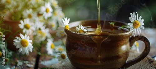 Herbal Chamomile Tea with Chamomile Flowers and Honey Drizzle in a Rustic Mug photo