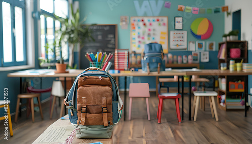 Interior of stylish empty classroom with backpacks and stationer