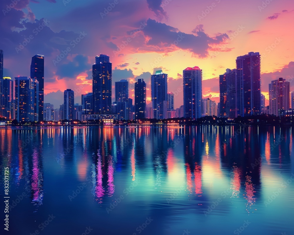 Obraz premium Stunning city skyline at sunset with vibrant colors reflecting on the calm water, creating a picturesque urban scene.