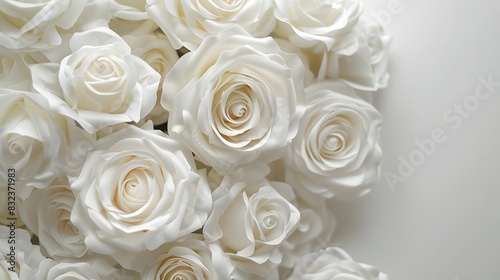 White roses background, a white rose bouquet against a white wall, white color background, a large bouquet of white roses in closeup with many blooming white roses, white background.