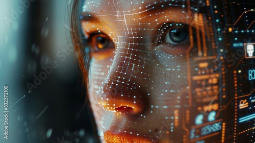 A close-up image of a person's face being scanned by a facial recognition system, with a focus on the digital interface displaying recognition results and security clearance status