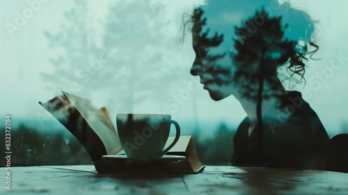 Coffee cup with book, focus on, relaxing vibes, reading companion, quiet time, Double exposure silhouette with open book