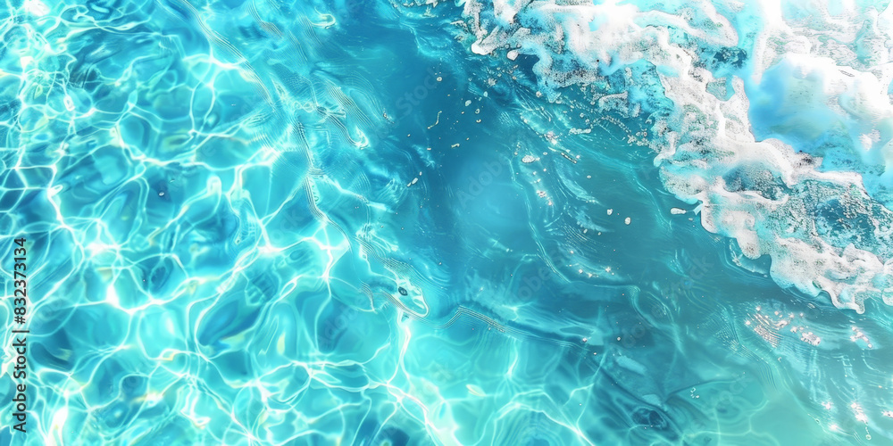 Fototapeta premium Top view of blue water, turquoise water with ripples and waves, swimming pool background, sunlight reflection on the surface, water texture