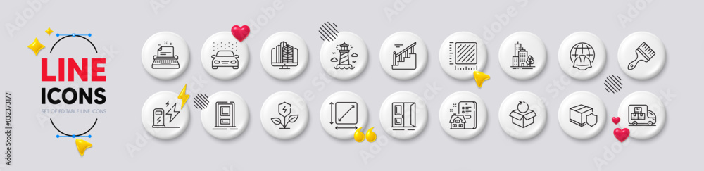 Property agency, Stairs and Delivery insurance line icons. White buttons 3d icons. Pack of Delivery truck, Skyscraper buildings, Lighthouse icon. Vector Property agency, Stairs and Delivery insurance line icons. White buttons 3d icons. Pack of Delivery truck, Skyscraper buildings, Lighthouse icon. Vector
