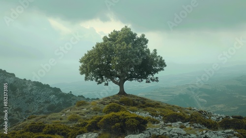 Landscape with tree on the hill. Blue nature background.