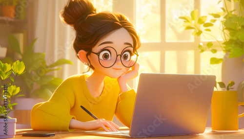 A cartoon girl is sitting at a desk with a laptop and a cup of coffee by AI generated image