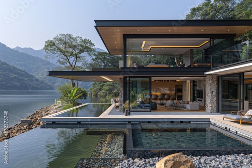 Luxurious modern villa with stunning lake and mountain views, featuring contemporary design and expansive outdoor living space