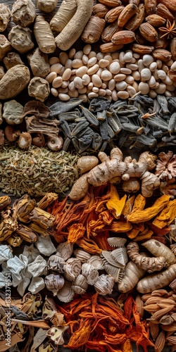 A colorful assortment of dried spices and herbs.