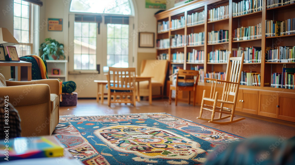 beautiful home school library. Well lit room with bookshelves filled with literary book, carpet. concept love for reading beautiful home school library. Well lit room with bookshelves filled with literary book, carpet. concept love for reading