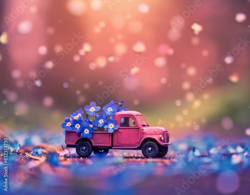 A tiny truck full of blue flowers on the road with a blurred background