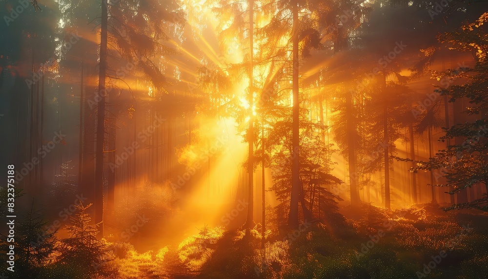 Forest at sunrise with sun rays piercing through the fog, realistic style, warm golden hues, highresolution photography, serene and peaceful, Forest at sunrise with sun rays piercing through the fog, realistic style, warm golden hues, highresolution photography, serene and peaceful,
