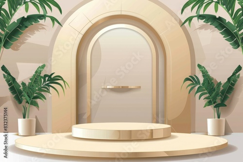 Elegant interior with a golden arched door, round pedestal, and green potted plants, creating a stylish and modern environment.