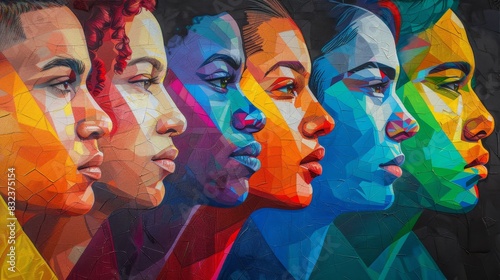 A vibrant abstract painting featuring a row of colorful faces, symbolizing diversity and unity.