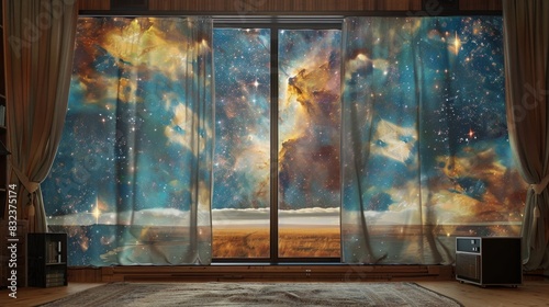 Cosmic Dreams: Enchanting 4K HD Wallpaper with Curtains Adorned by the Universe © Da