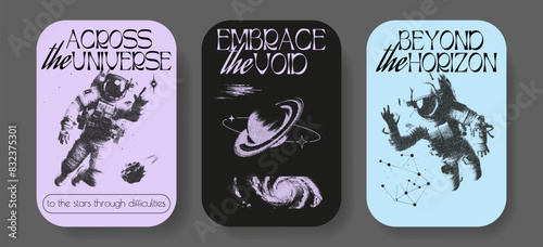 Space, astronaut, galaxy travel posters set photocopy effect. Vector illustrations of universe, rocket, spaceship, planet, future grunge stippling grain messy texture. Ideal for poster design, t shirt