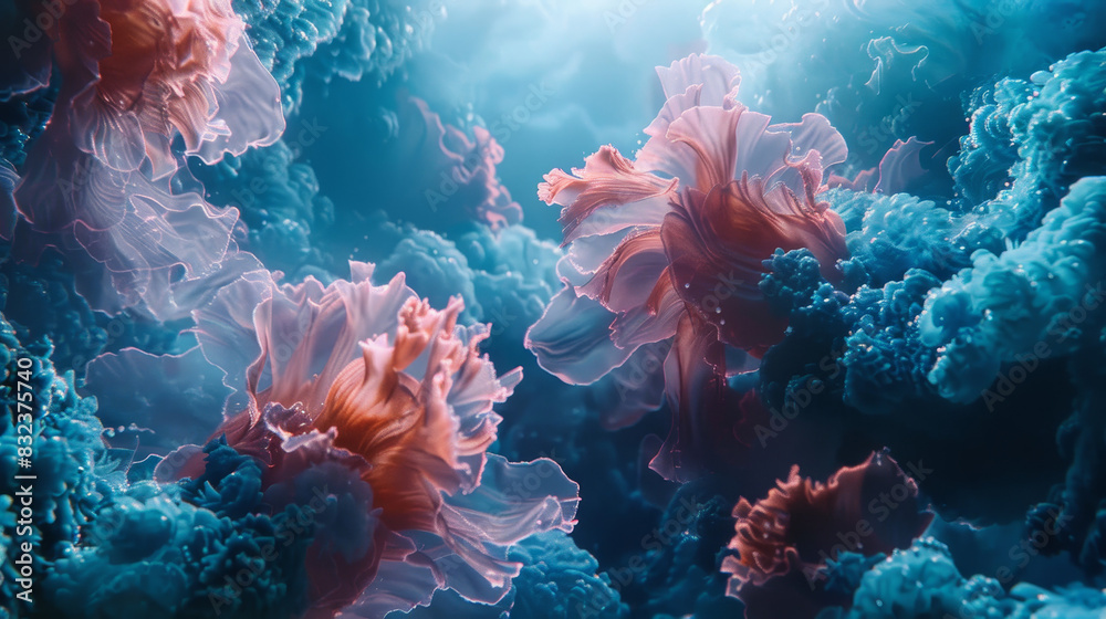 A colorful underwater scene with pink and blue flowers A colorful underwater scene with pink and blue flowers