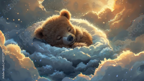 Cute cartoon teddy bear sleeping on soft clouds in the sky. photo