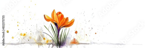 Delicate saffron crocus flower in watercolor style on white background.