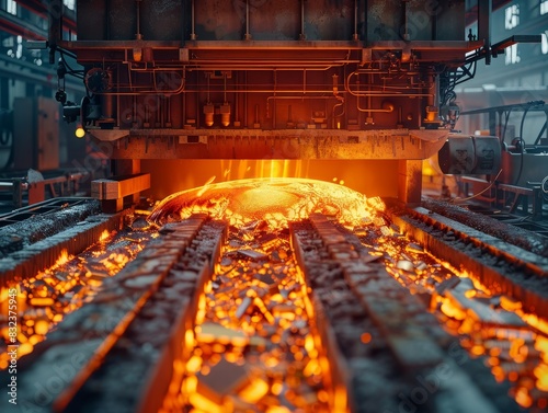 Molten metal flowing through a furnace in a steel mill. © auc