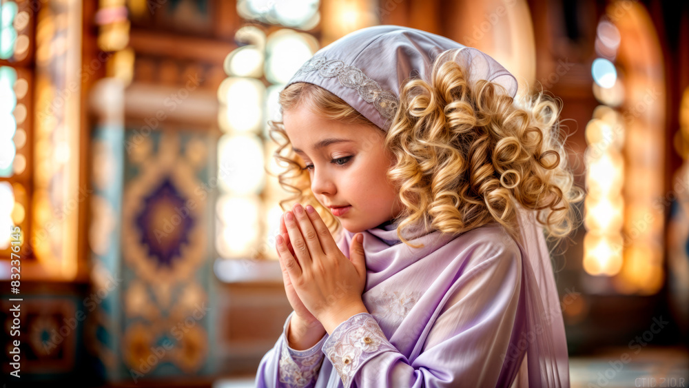 Cute girl praying in the temple Cute girl praying in the temple