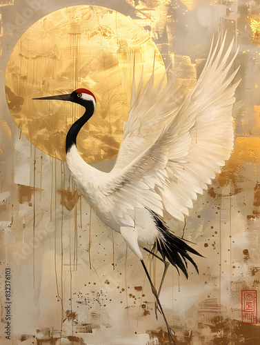 White Crane With Against a Golden background illustration