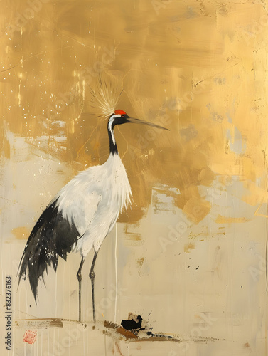 White Crane With Against a Golden background illustration