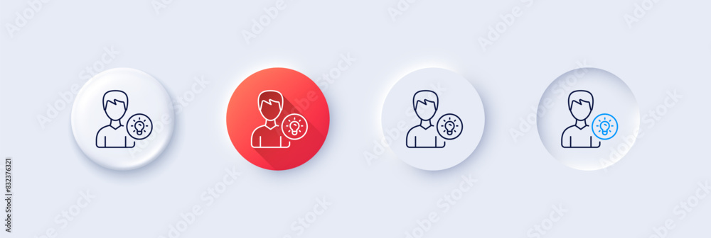 User line icon. Neumorphic, Red gradient, 3d pin buttons. Profile with Lamp bulb sign. Male Person silhouette with idea symbol. Line icons. Neumorphic buttons with outline signs. Vector User line icon. Neumorphic, Red gradient, 3d pin buttons. Profile with Lamp bulb sign. Male Person silhouette with idea symbol. Line icons. Neumorphic buttons with outline signs. Vector