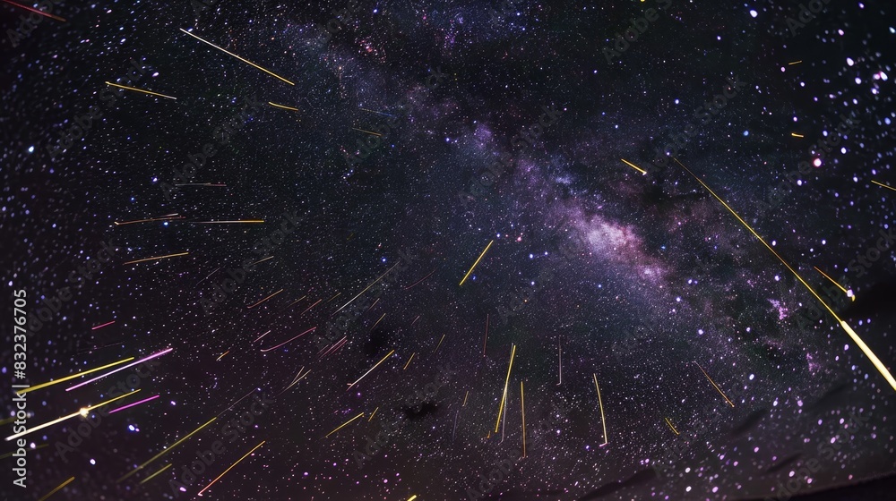A stunning photograph of a meteor shower, with multiple meteors streaking across the night sky, leaving bright trails of light behind them. A stunning photograph of a meteor shower, with multiple meteors streaking across the night sky, leaving bright trails of light behind them.