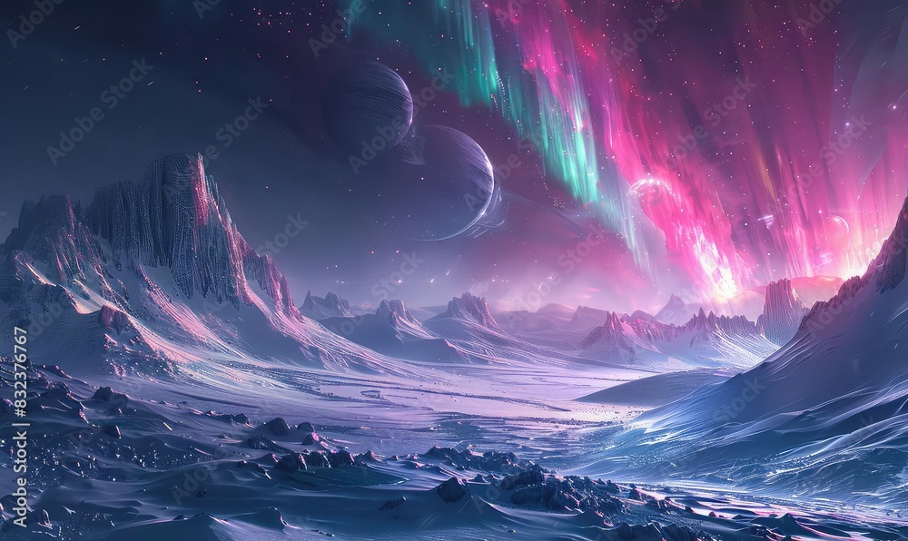 Frozen alien planet with icy landscapes and glowing auroras, cool tones, digital art, cold and breathtaking, Frozen alien planet with icy landscapes and glowing auroras, cool tones, digital art, cold and breathtaking,