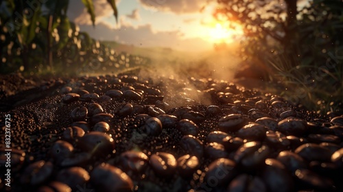 Coffee beans with warm morning sunlight for coffee themed designs photo