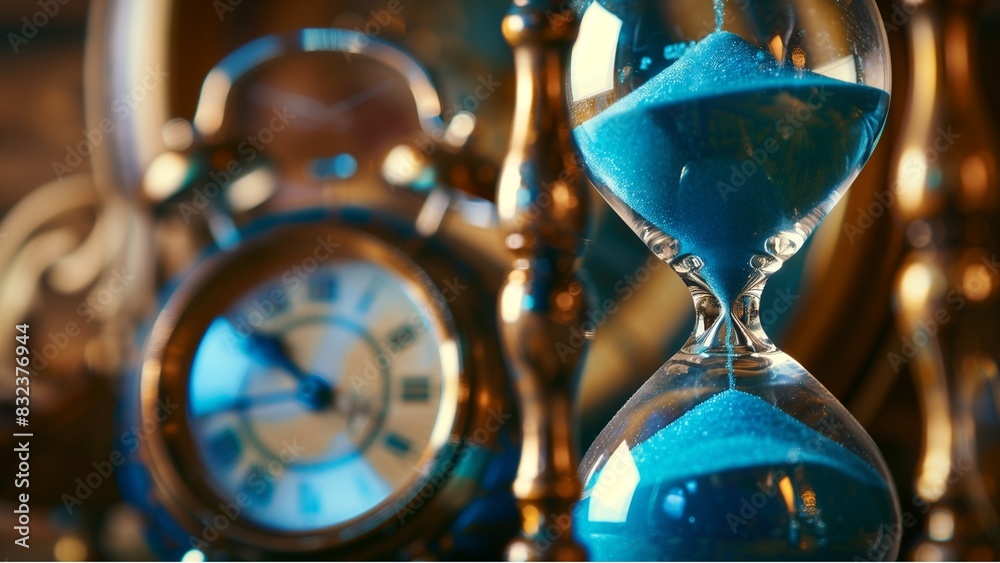 Fototapeta premium a sand hourglass with blue sand, in front of a blurred background showing a wall clock.