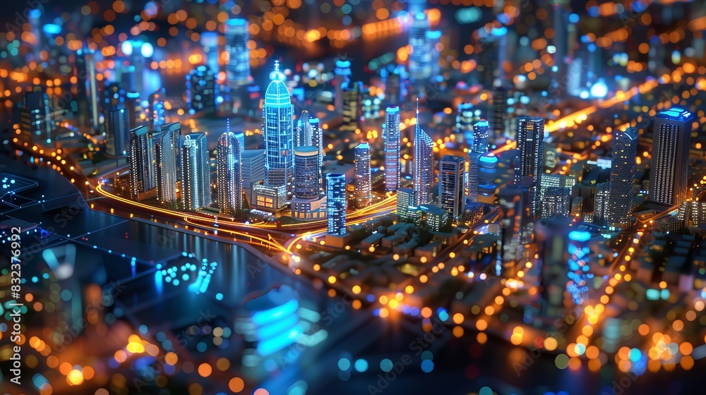 A virtual replica of a bustling cityscape, highlighting advanced urban planning concepts and smart infrastructure, perfect for visualizing digital twin technology in urban developm A virtual replica of a bustling cityscape, highlighting advanced urban planning concepts and smart infrastructure, perfect for visualizing digital twin technology in urban developm