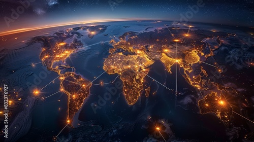 A vibrant and dynamic stock photo illustrating the concept of a Global Village  showcasing a network of interconnected lights and pathways resembling a world map  symbolizing the i