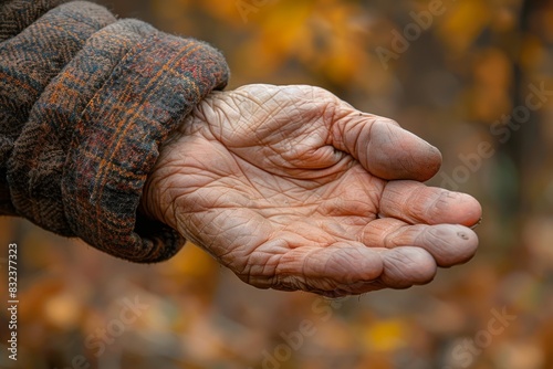 An elderly person's hand extended outward, showcasing the intricate lines and wrinkles of age photo