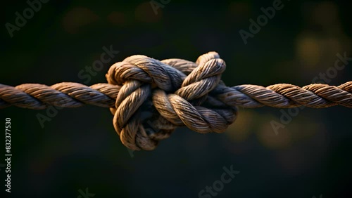 Detailed view of a rope with a secure knot tied on it, showcasing texture and craftsmanship.