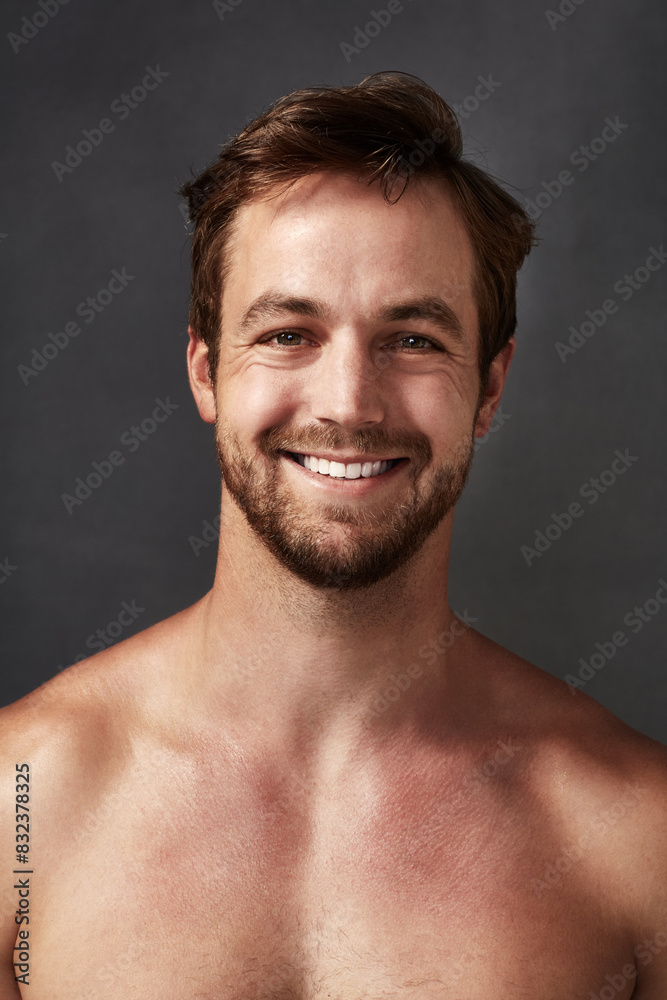 Man, portrait and smile for cosmetics in studio, confidence and beauty on black background, Male person, results and satisfaction for facial treatment or clean and smooth skin, dermatology and pride Man, portrait and smile for cosmetics in studio, confidence and beauty on black background, Male person, results and satisfaction for facial treatment or clean and smooth skin, dermatology and pride