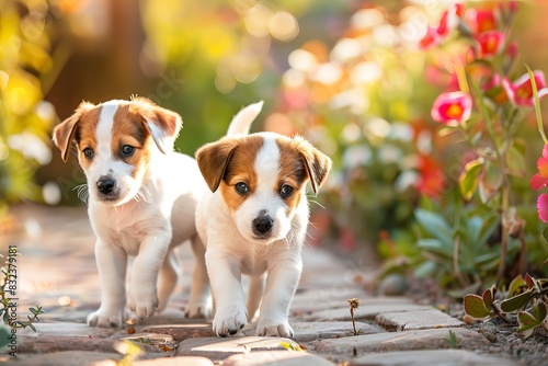 Adorable puppies playing in a sunlit garden.