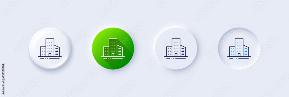 Buildings line icon. Neumorphic, Green gradient, 3d pin buttons. City architecture sign. Skyscraper building symbol. Line icons. Neumorphic buttons with outline signs. Vector