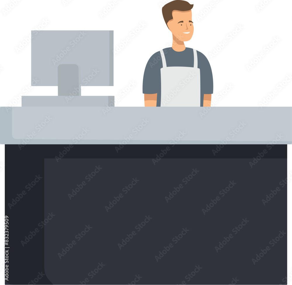 Illustration of a cheerful male cashier standing at a store checkout desk with a computer Illustration of a cheerful male cashier standing at a store checkout desk with a computer