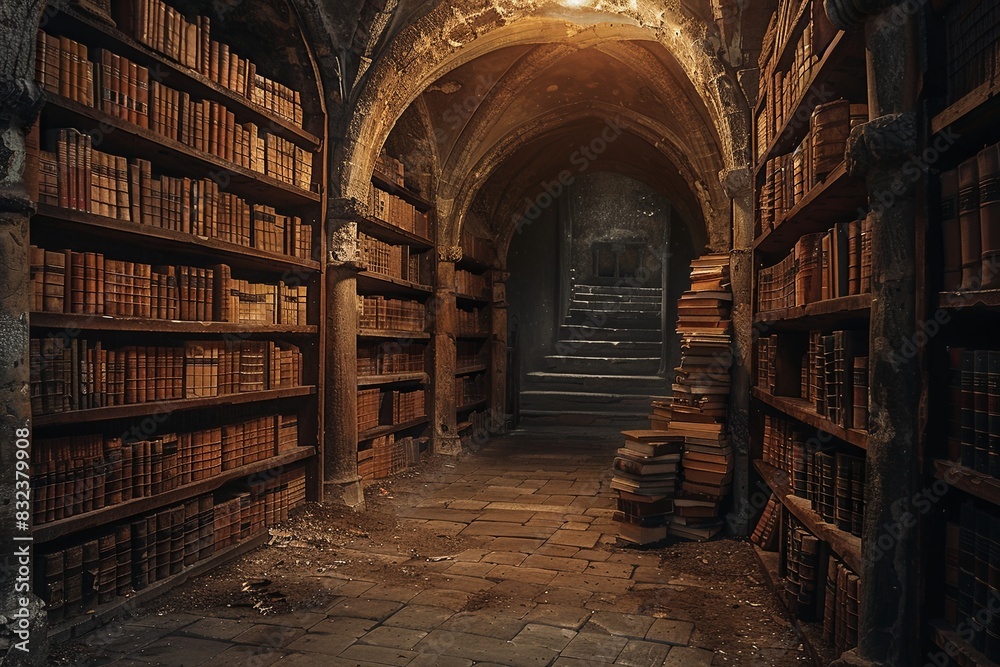 An empty treasury with empty shelves, ancient books, and dust, dark lighting An empty treasury with empty shelves, ancient books, and dust, dark lighting