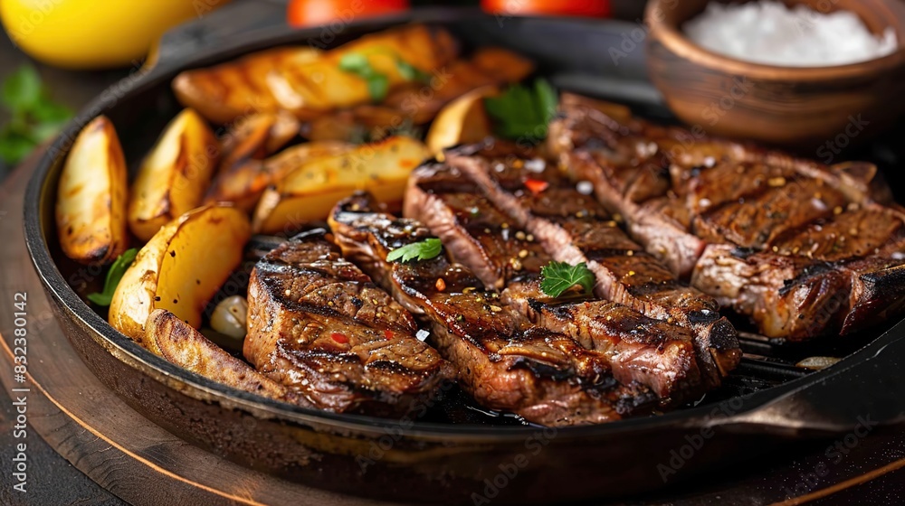 Delicious steak and potatoes with the addition of parsley to the dish. The steak was cooked perfectly and the potatoes were soft and golden brown Delicious steak and potatoes with the addition of parsley to the dish. The steak was cooked perfectly and the potatoes were soft and golden brown