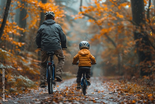 An adult and child, both in helmets, ride bikes through a picturesque autumn forest setting