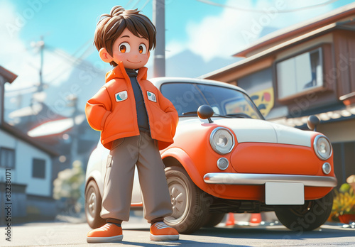 A boy stands in front of a car by AI generated image