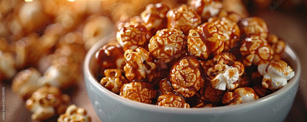 Caramel popcorn in white bowl on wooden table. Caramel popcorn in white bowl on wooden table.