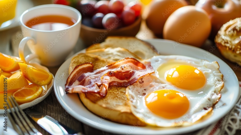 High angle view of an American breakfast made with fried eggs, toasted bread, bacon, pancakes, orange juice, coffee, and oranges. High angle view of an American breakfast made with fried eggs, toasted bread, bacon, pancakes, orange juice, coffee, and oranges.