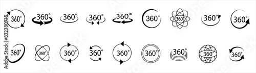 360 degrees vector icon set. Round signs with arrows rotation to 360 degrees. 
