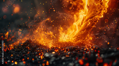 A detailed close-up of a lava eruption  with glowing  fiery embers and intense heat.