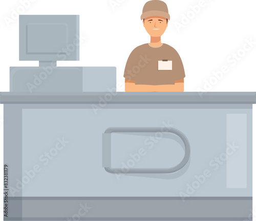 Modern cashier at workstation illustration with flat design, standing at the counter, handling payment processing, and providing customer service in a retail environment
